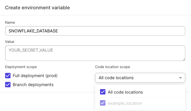 Create new environment variable dialog window in Dagster+