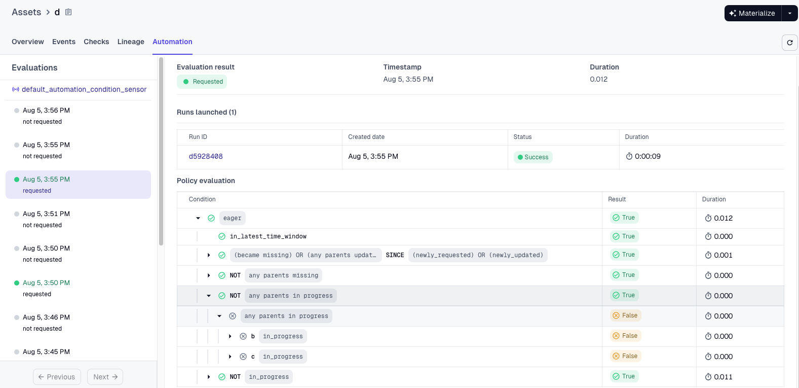 Automation condition evaluations in the Asset Details page